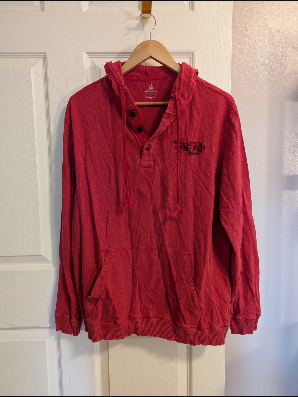 Disney Red Hooded Henley Pullover Sweatshirt